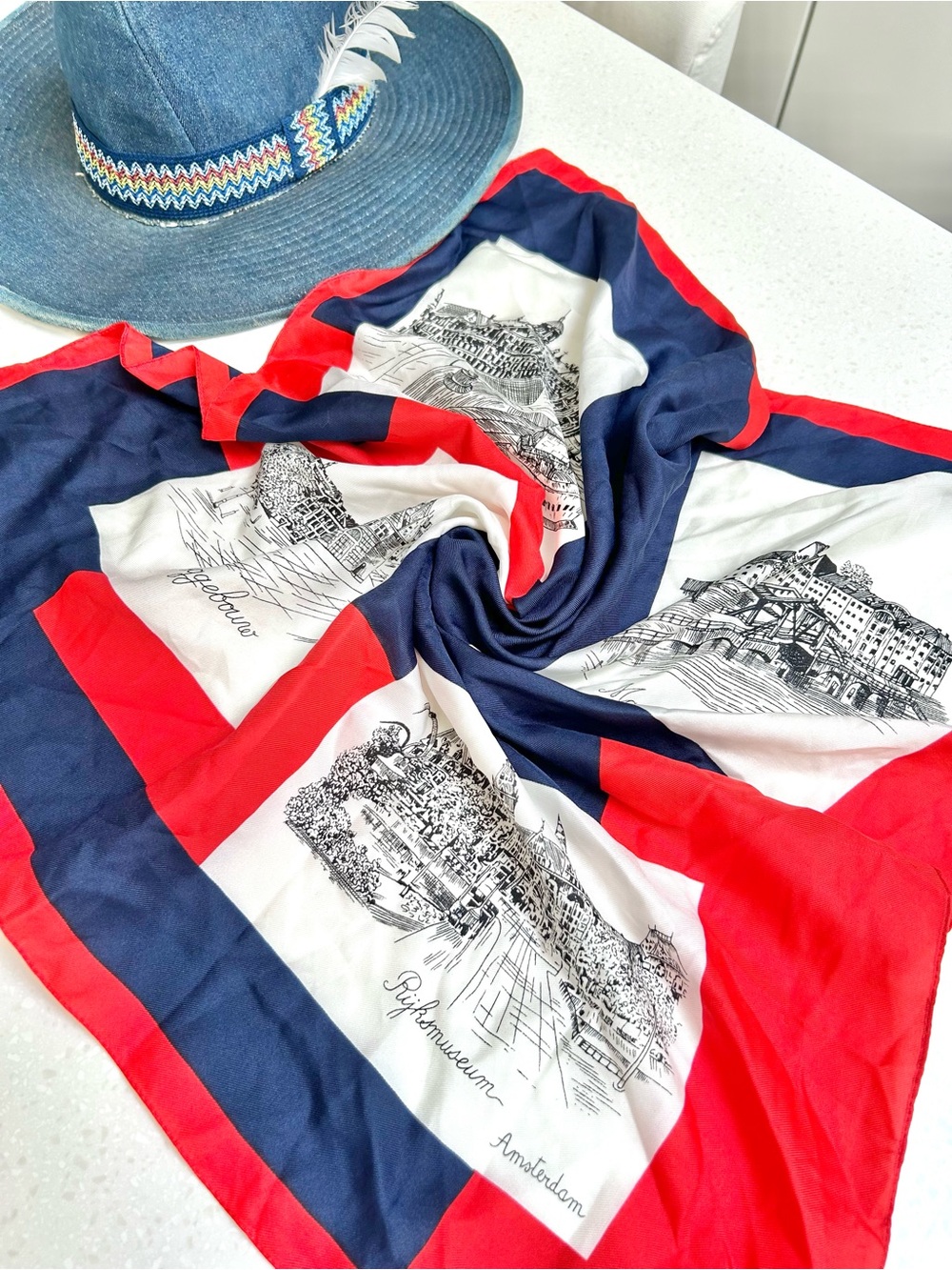 Vintage Amsterdam Souvenir Scarf - Red White Blue -Tourist Attractions Landmarks